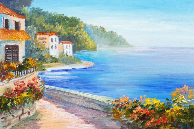 Oil painting - house near the sea, colorful flowers, summer seascape